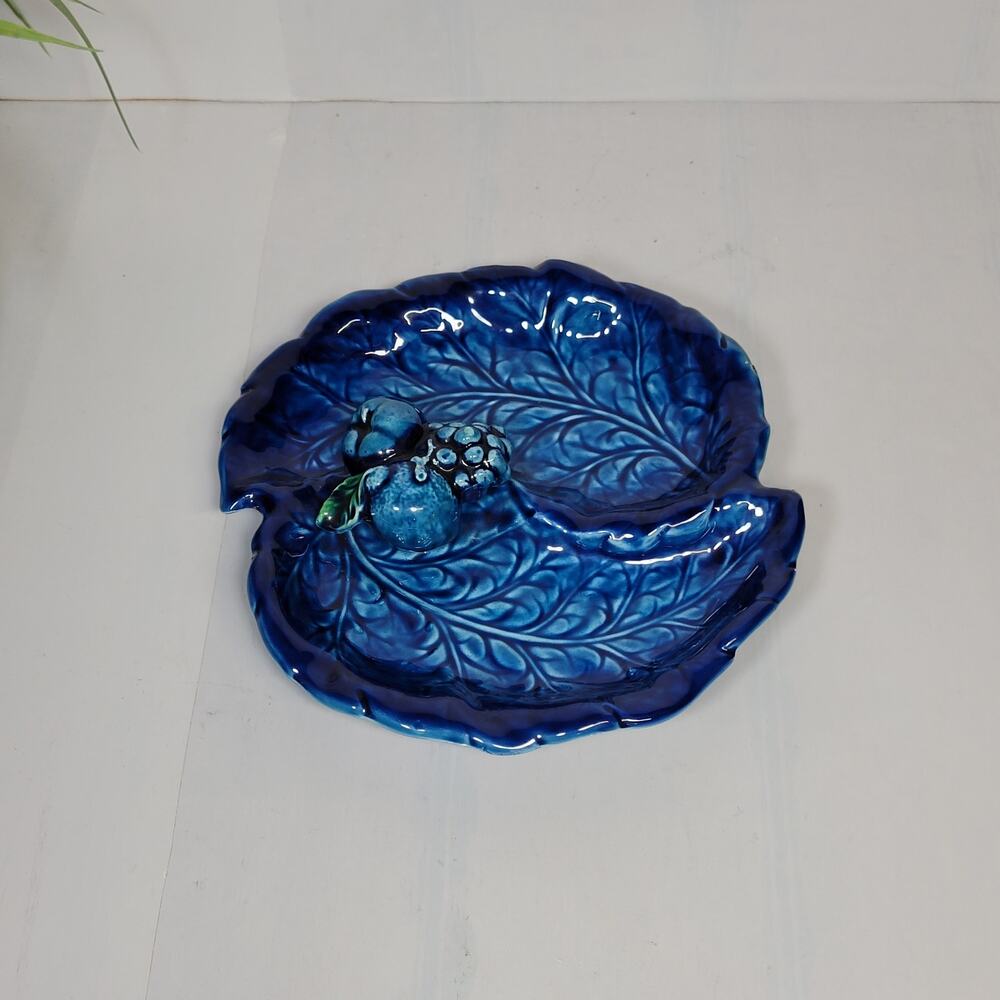 Vintage Inarco Mood Indigo Divided Leaf Dish E-2719 Blue Majolica Fruit MCM 7"